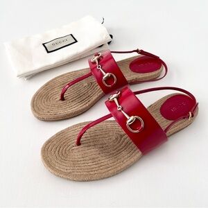 GUCCI | Horsebit Red Patent Leather Espadrille Flat Thong Sandal EU 41